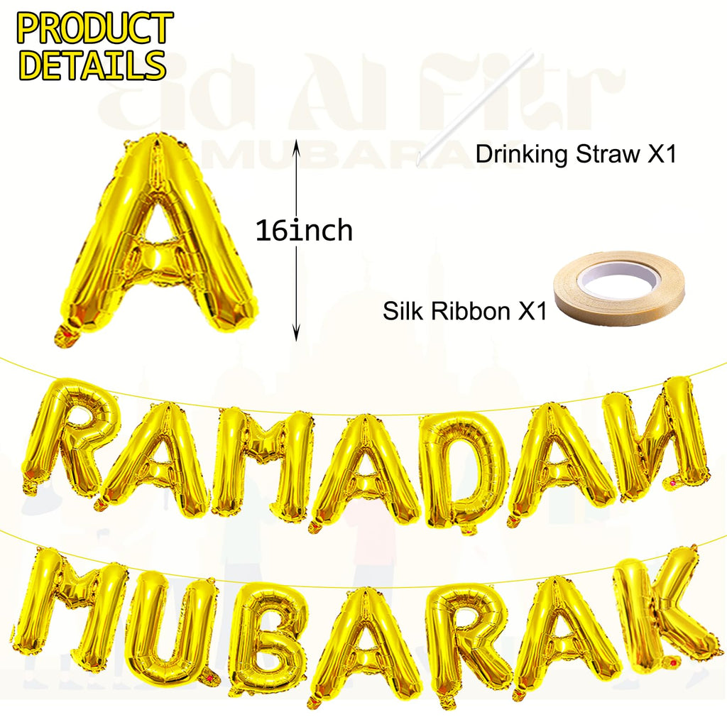 Tedercle 16-Inch Ramadan Mubarak Banner – Gold Mylar Balloons for Eid Decor