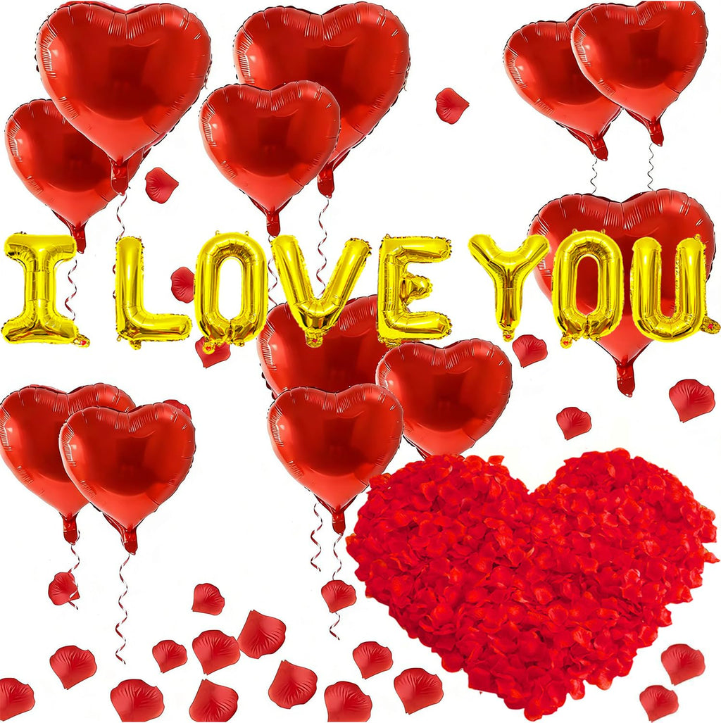 Tedercle I Love You Balloons & 500 Rose Petals Set | Foil Heart Balloons for Weddings & Valentine’s Day