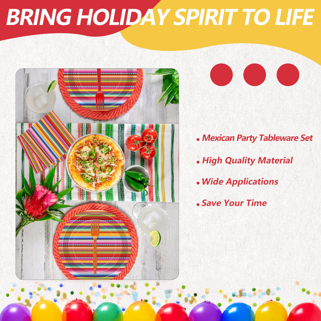Tedercle 100 Pcs Mexican Fiesta Tableware Set – Serape Striped Plates, Napkins & Forks for 25 Guests