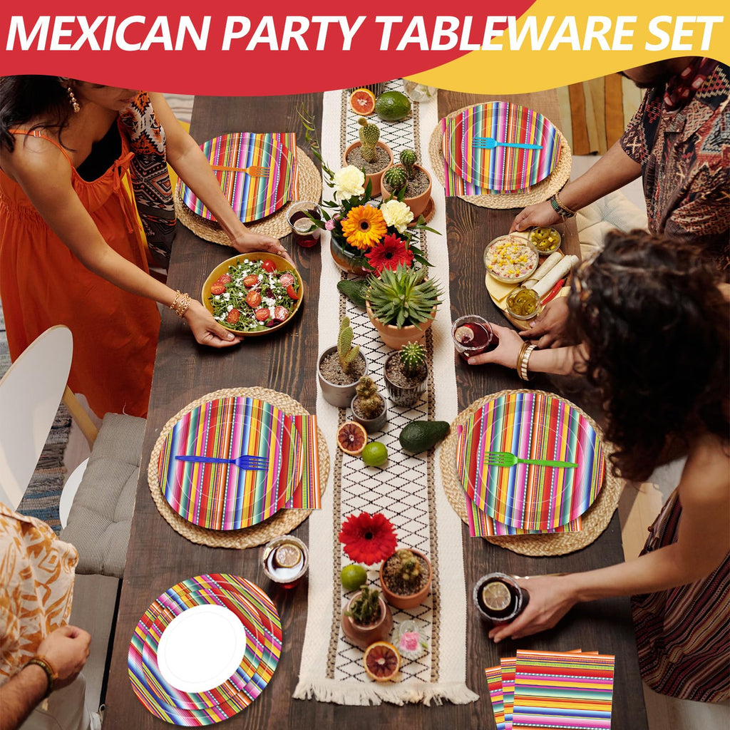 Tedercle 100 Pcs Mexican Fiesta Tableware Set – Serape Striped Plates, Napkins & Forks for 25 Guests