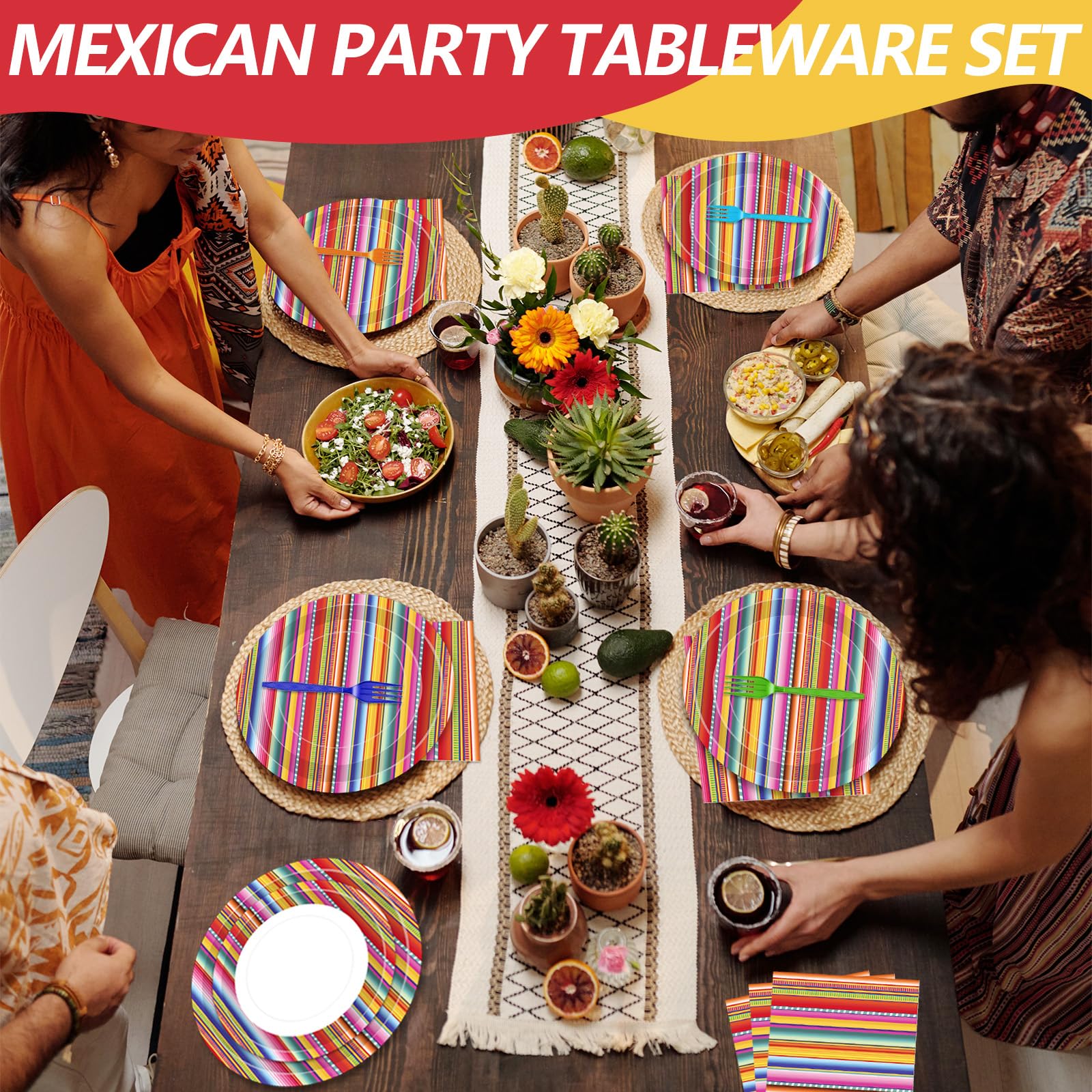 Tedercle 100 Pcs Mexican Fiesta Tableware Set – Serape Striped Plates, Napkins & Forks for 25 Guests