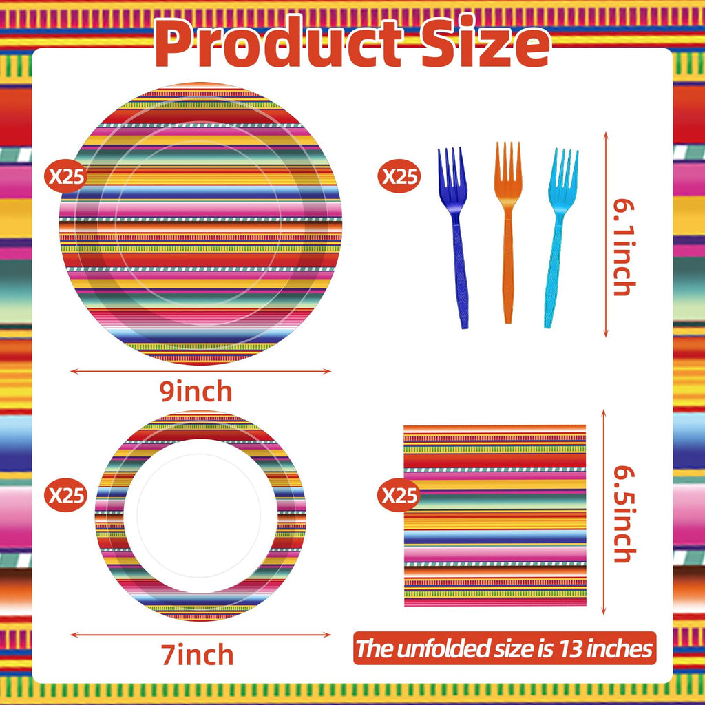 Tedercle 100 Pcs Mexican Fiesta Tableware Set – Serape Striped Plates, Napkins & Forks for 25 Guests