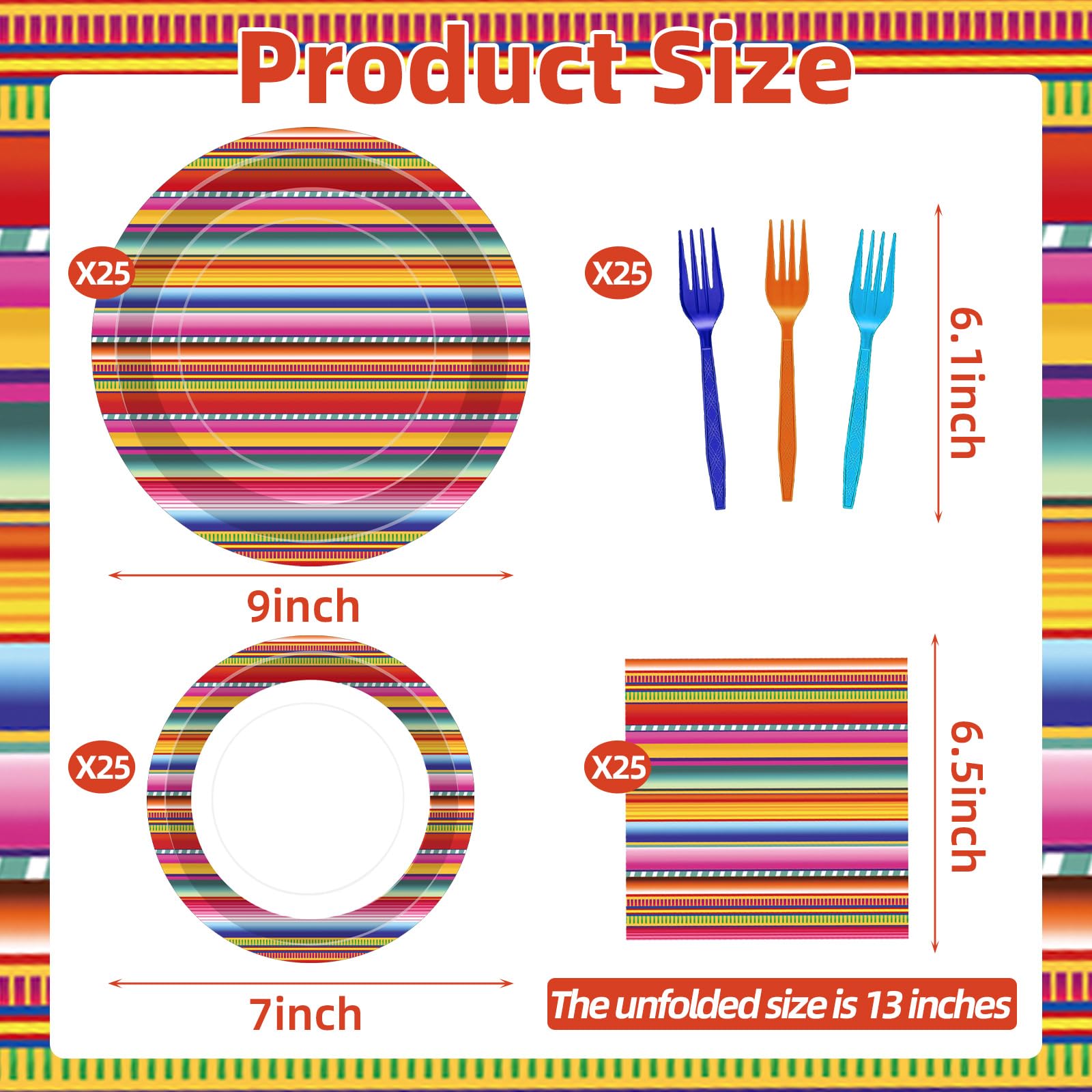 Tedercle 100 Pcs Mexican Fiesta Tableware Set – Serape Striped Plates, Napkins & Forks for 25 Guests