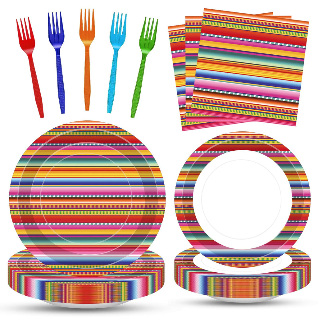 Tedercle 100 Pcs Mexican Fiesta Tableware Set – Serape Striped Plates, Napkins & Forks for 25 Guests