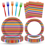 Tedercle 100 Pcs Mexican Fiesta Tableware Set – Serape Striped Plates, Napkins & Forks for 25 Guests