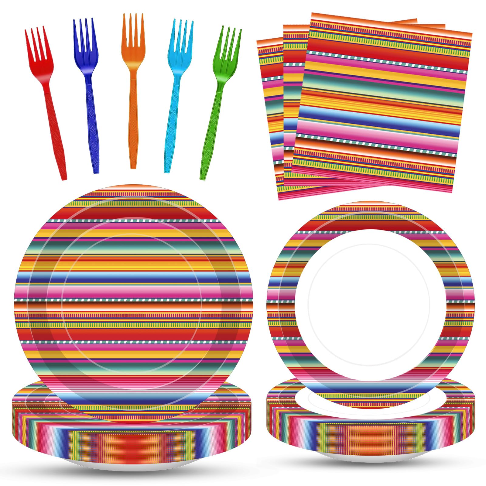 Tedercle 100 Pcs Mexican Fiesta Tableware Set – Serape Striped Plates, Napkins & Forks for 25 Guests
