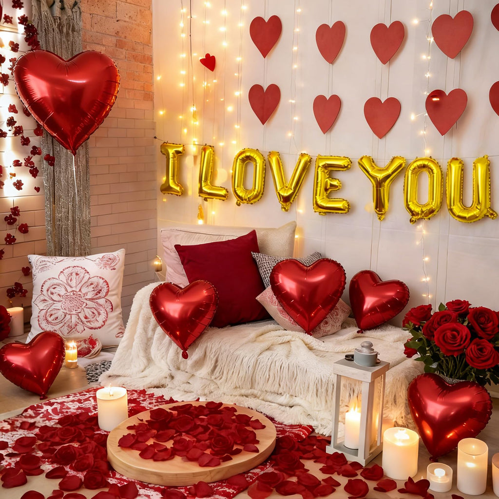Tedercle I Love You Balloons & 500 Rose Petals Set | Foil Heart Balloons for Weddings & Valentine’s Day