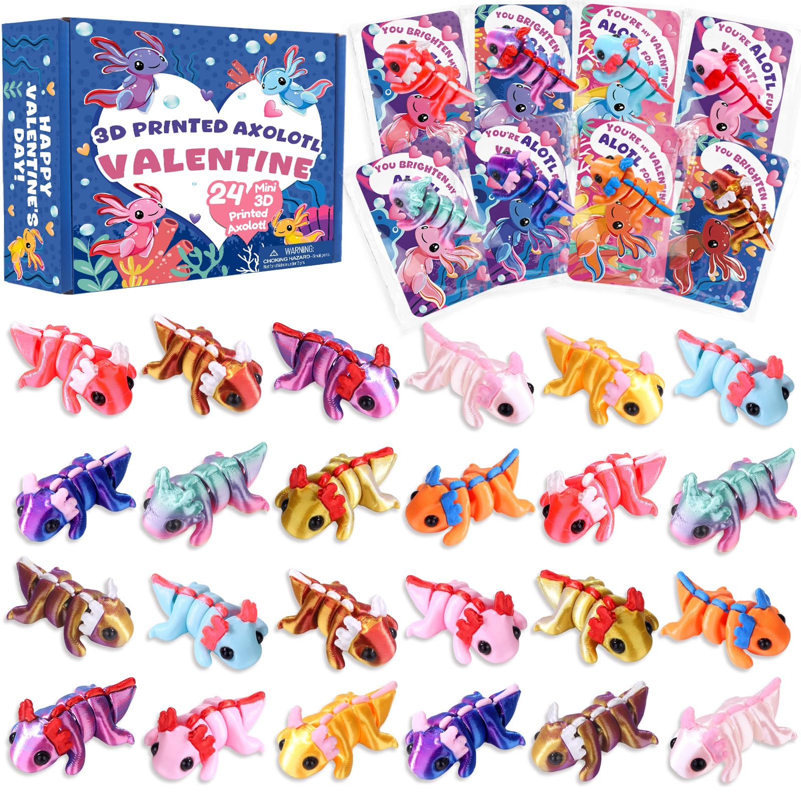 Teeanzo Valentines Day 24-Pack Axolotl 3D Printed Figurines with Cards – Classroom Gifts & Party Favors