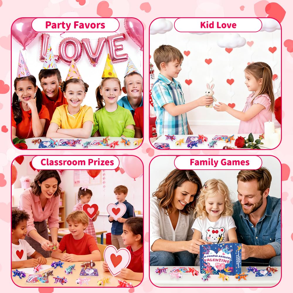 Teeanzo Valentines Day 24-Pack Axolotl 3D Printed Figurines with Cards – Classroom Gifts & Party Favors