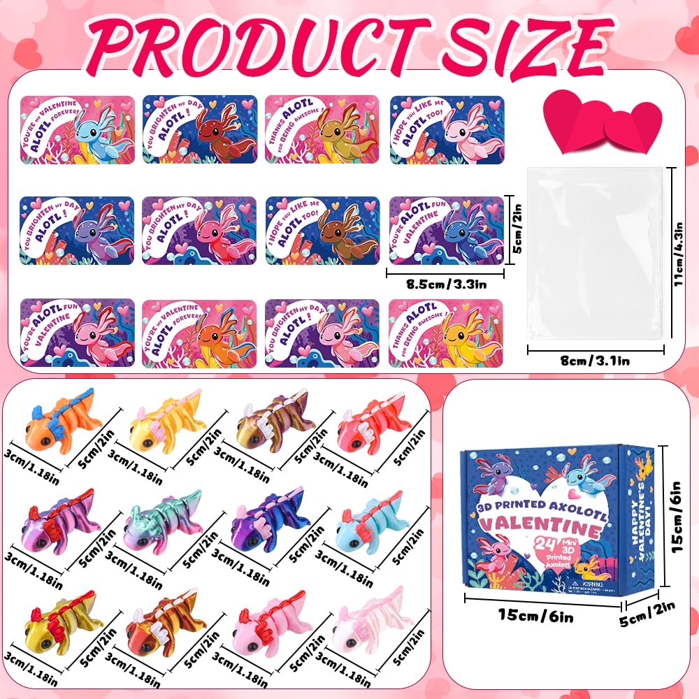 Teeanzo Valentines Day 24-Pack Axolotl 3D Printed Figurines with Cards – Classroom Gifts & Party Favors