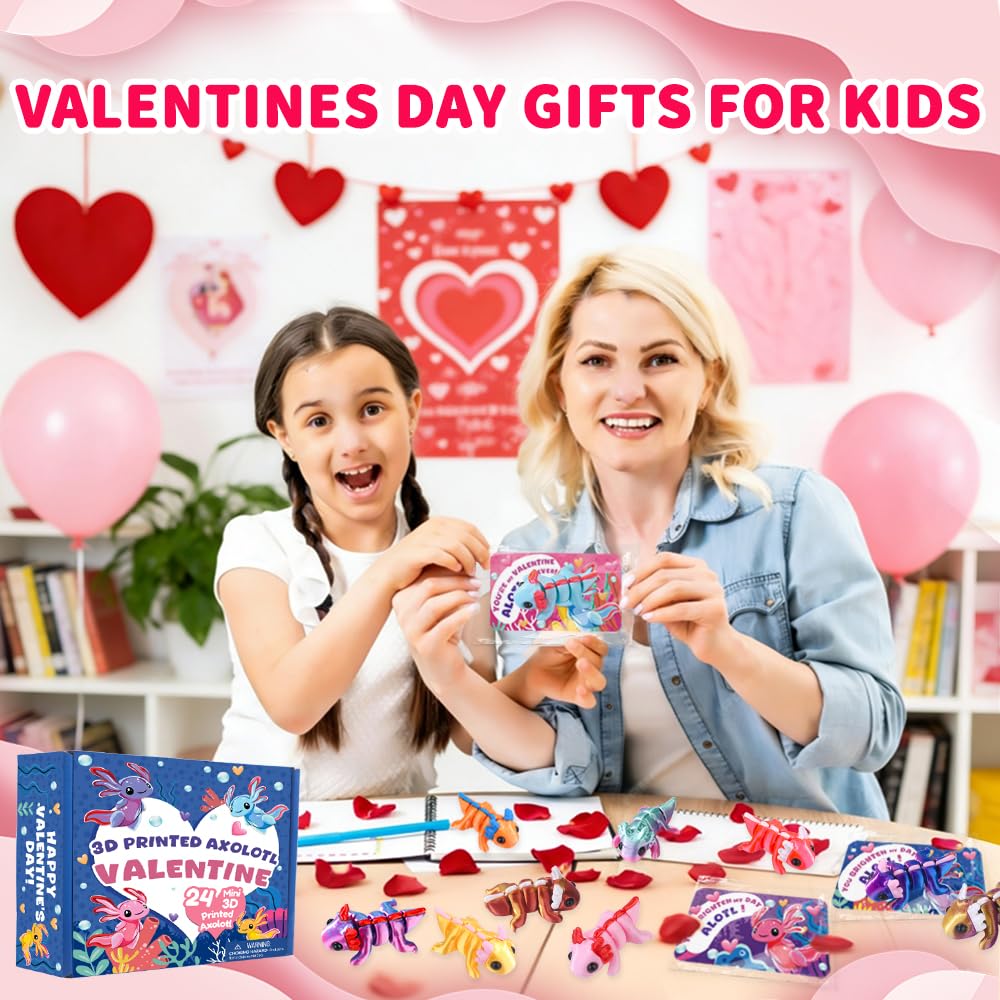 Teeanzo Valentines Day 24-Pack Axolotl 3D Printed Figurines with Cards – Classroom Gifts & Party Favors