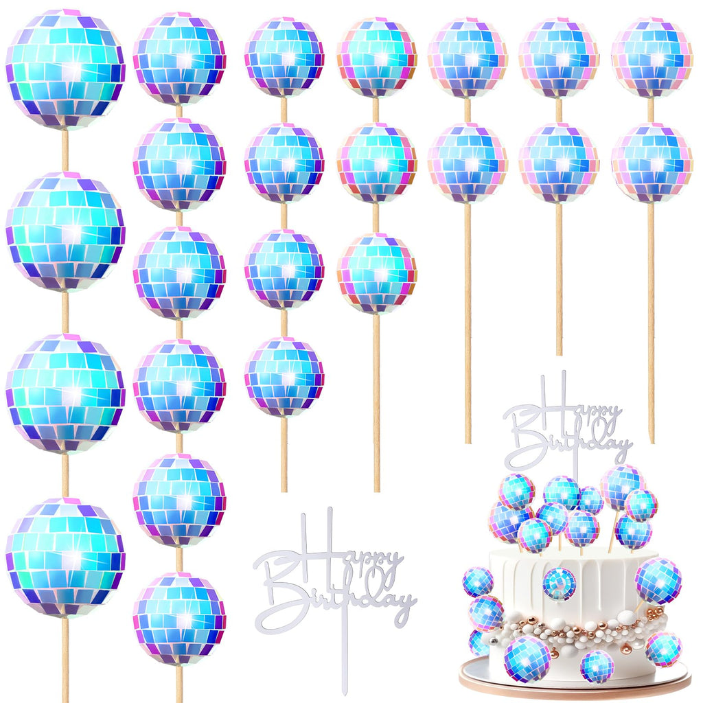 Teenyyou 24pcs Disco Ball Cupcake Toppers - Iridescent Retro 70s/80s Party Decor