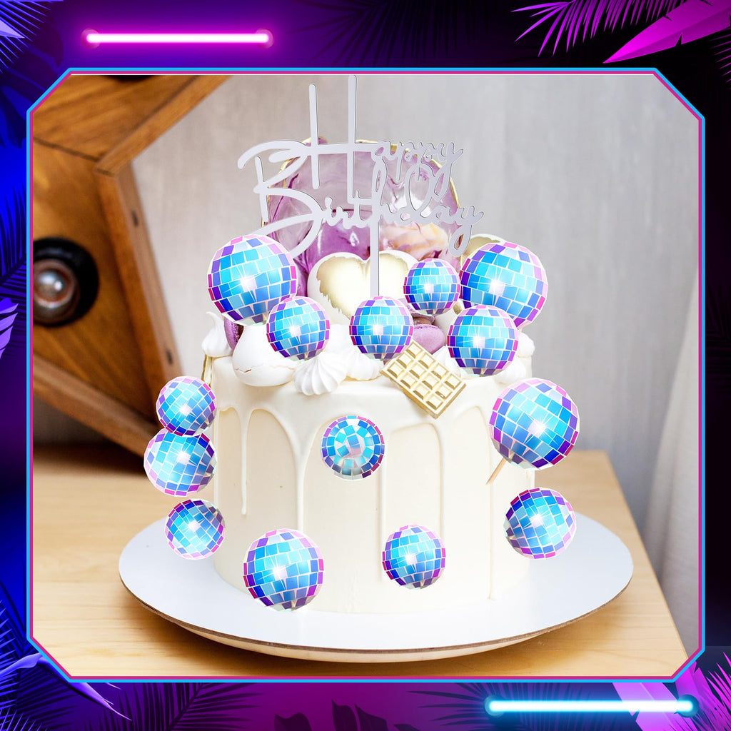 Teenyyou 24pcs Disco Ball Cupcake Toppers - Iridescent Retro 70s/80s Party Decor