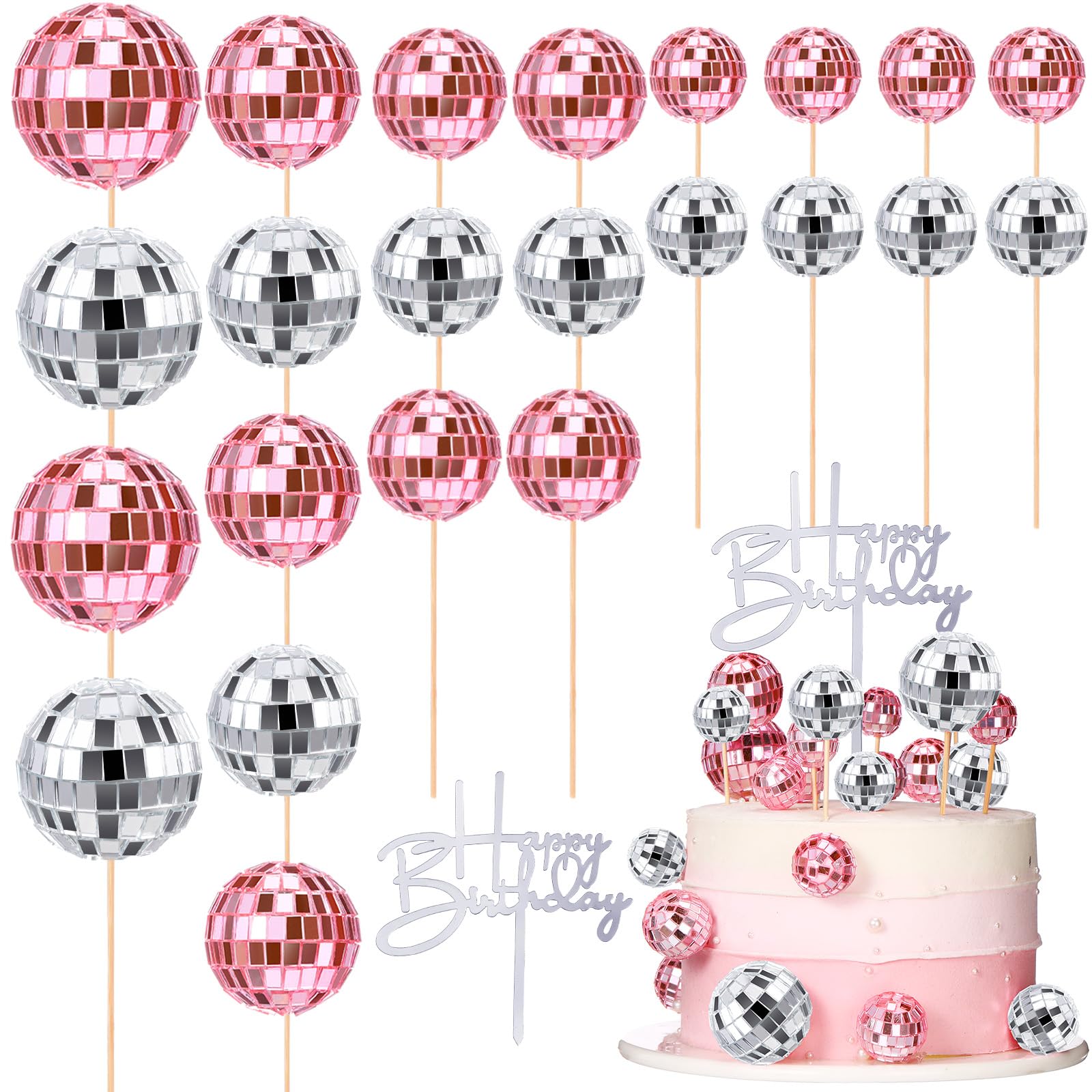 Teenyyou 24 Pcs Disco Ball Cupcake Toppers – Pink & Silver Retro Party Decor