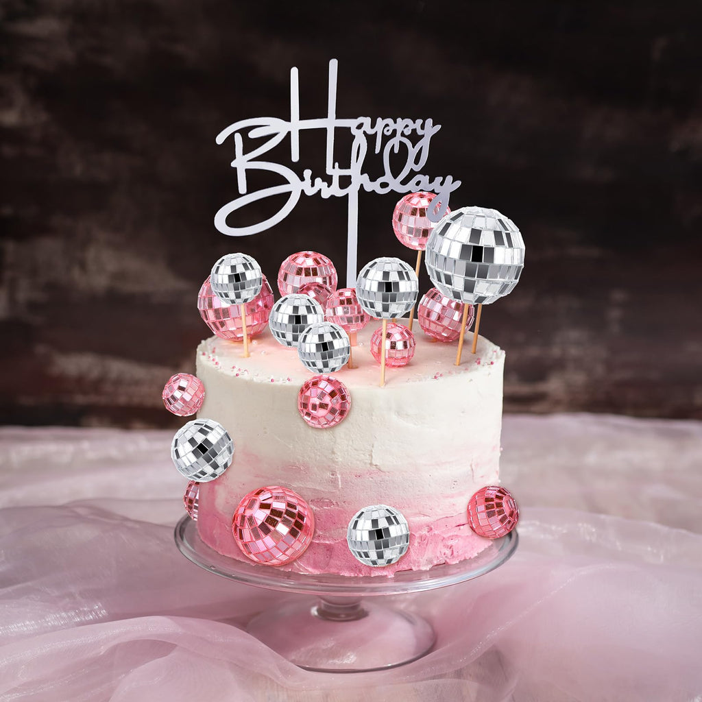 Teenyyou 24 Pcs Disco Ball Cupcake Toppers – Pink & Silver Retro Party Decor