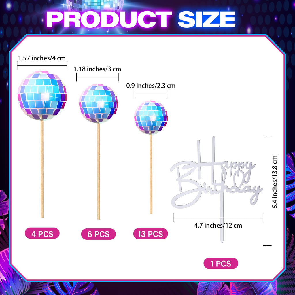 Teenyyou 24pcs Disco Ball Cupcake Toppers - Iridescent Retro 70s/80s Party Decor