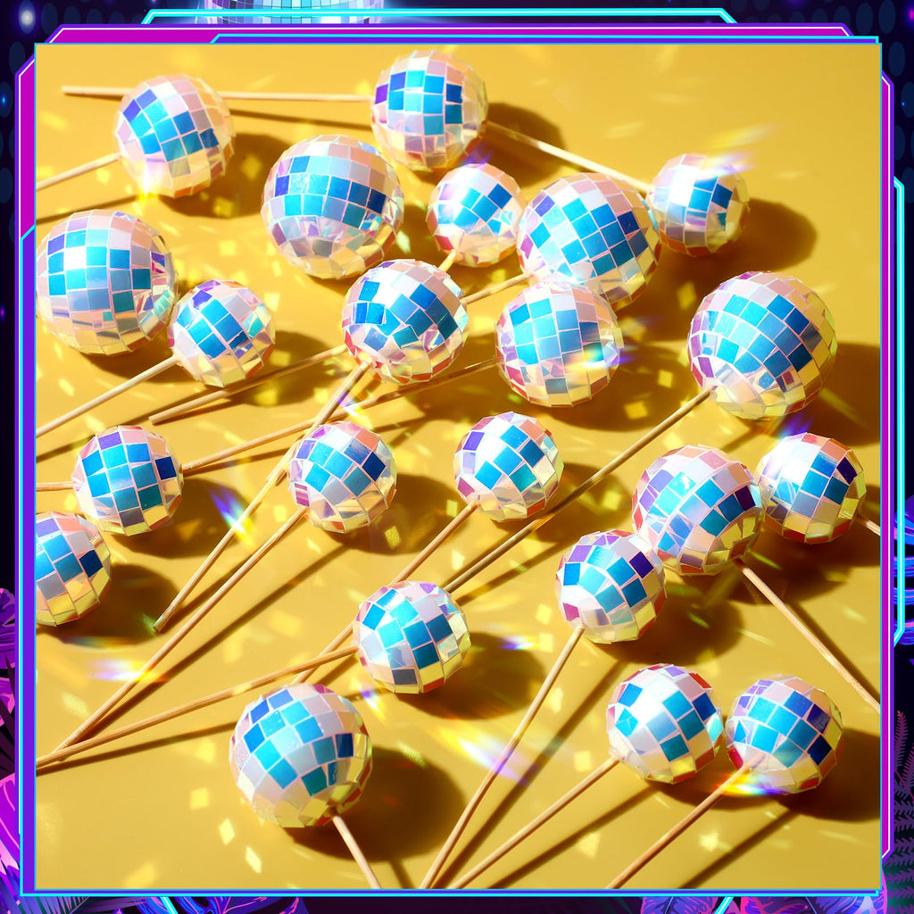 Teenyyou 24pcs Disco Ball Cupcake Toppers - Iridescent Retro 70s/80s Party Decor