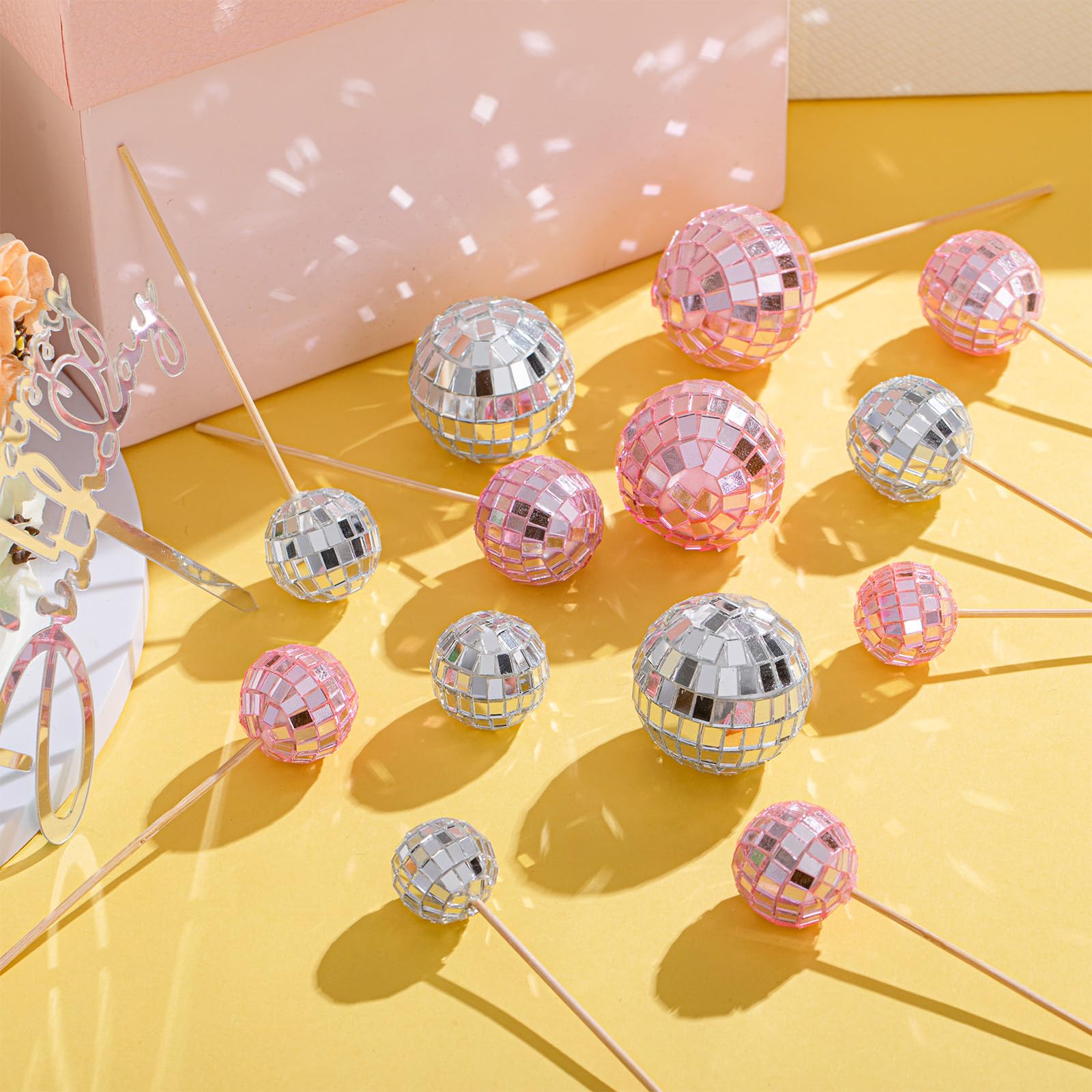 Teenyyou 24 Pcs Disco Ball Cupcake Toppers – Pink & Silver Retro Party Decor
