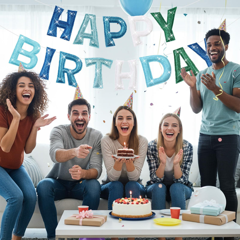 Tegeme Felt Happy Birthday Banner – Teal Glitter Rainbow Garland, Reusable Party Decoration