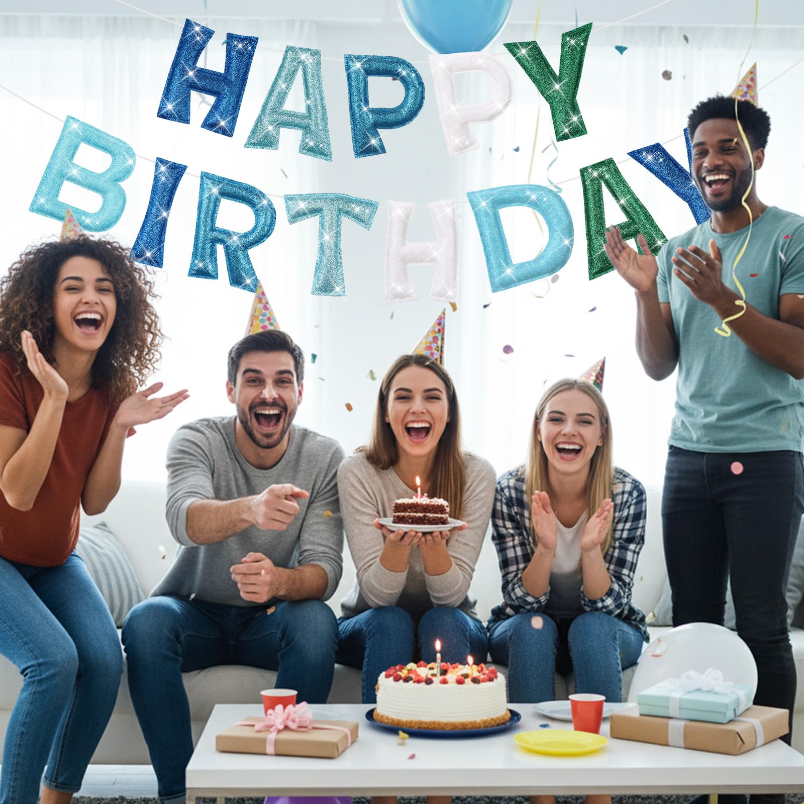 Tegeme Felt Happy Birthday Banner – Teal Glitter Rainbow Garland, Reusable Party Decoration