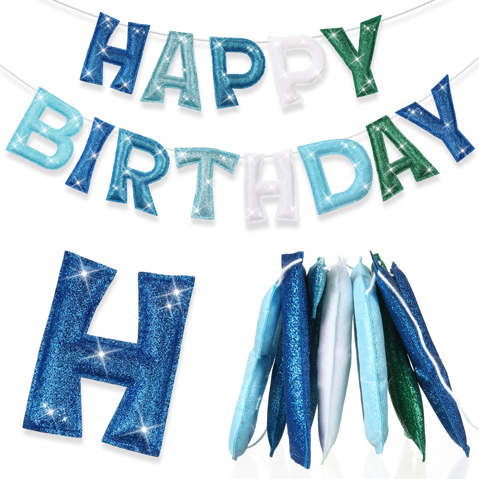 Tegeme Felt Happy Birthday Banner – Teal Glitter Rainbow Garland, Reusable Party Decoration