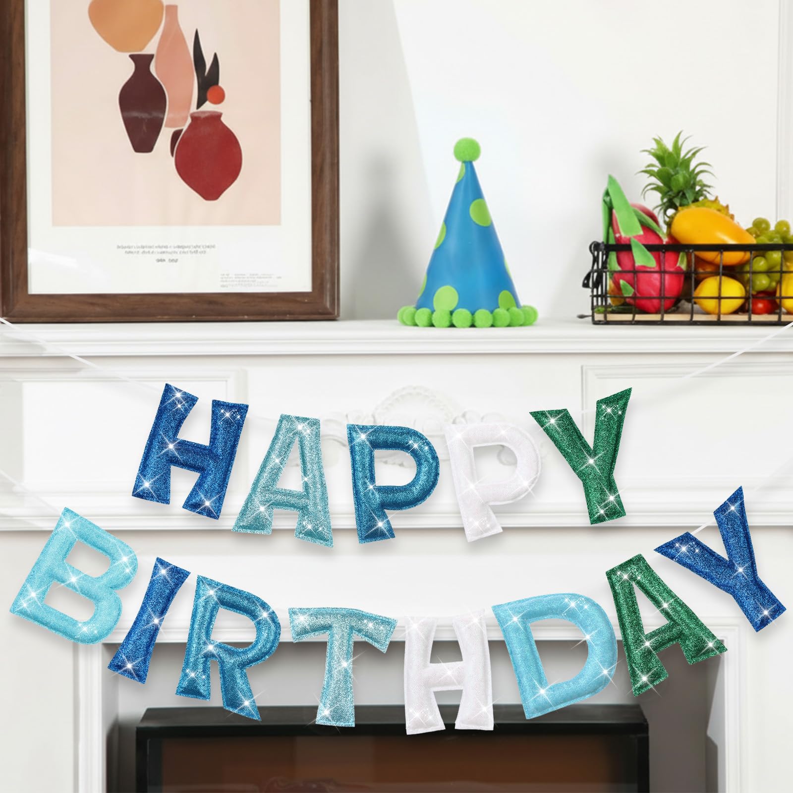 Tegeme Felt Happy Birthday Banner – Teal Glitter Rainbow Garland, Reusable Party Decoration