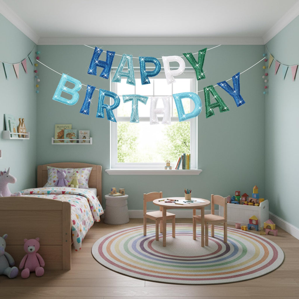 Tegeme Felt Happy Birthday Banner – Teal Glitter Rainbow Garland, Reusable Party Decoration