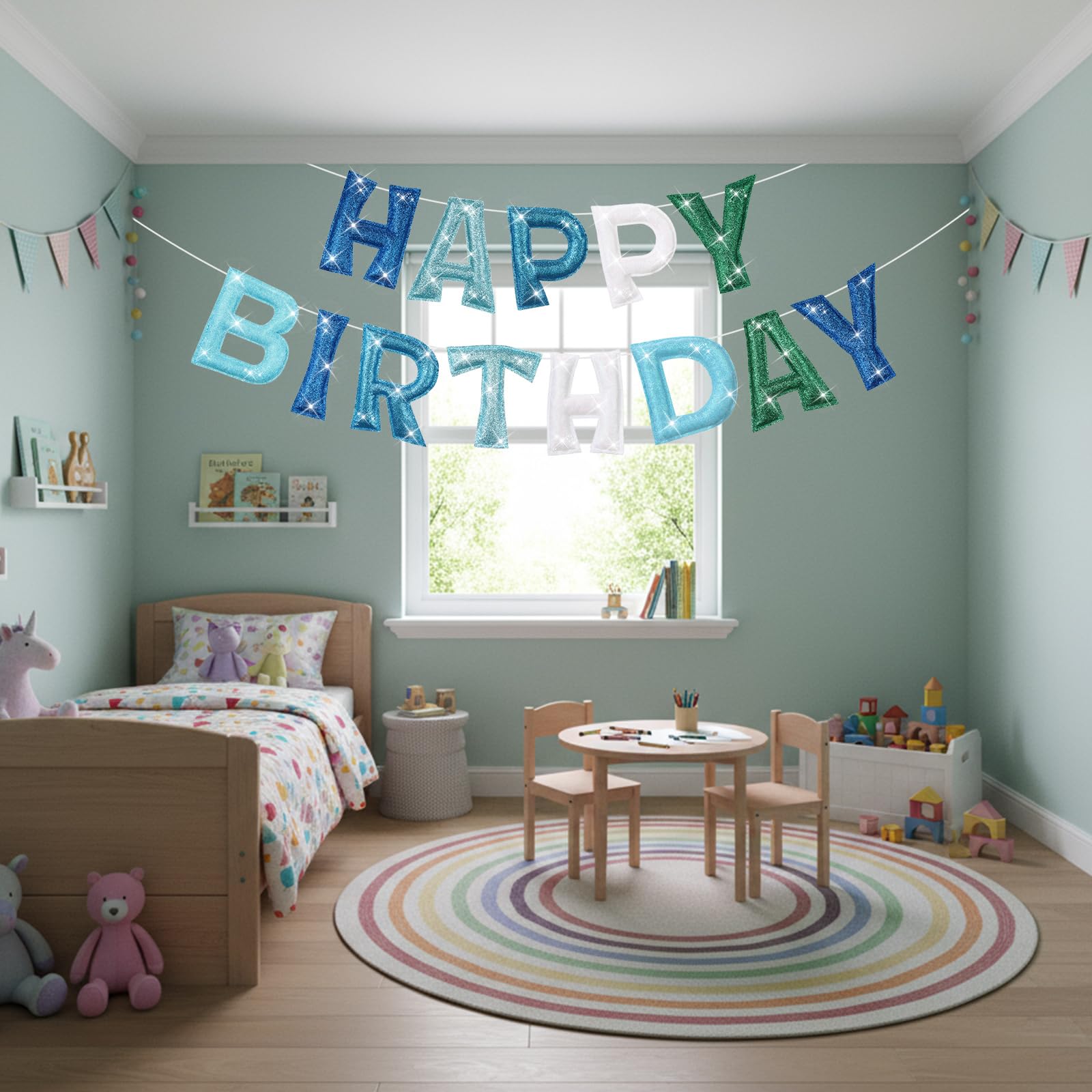 Tegeme Felt Happy Birthday Banner – Teal Glitter Rainbow Garland, Reusable Party Decoration