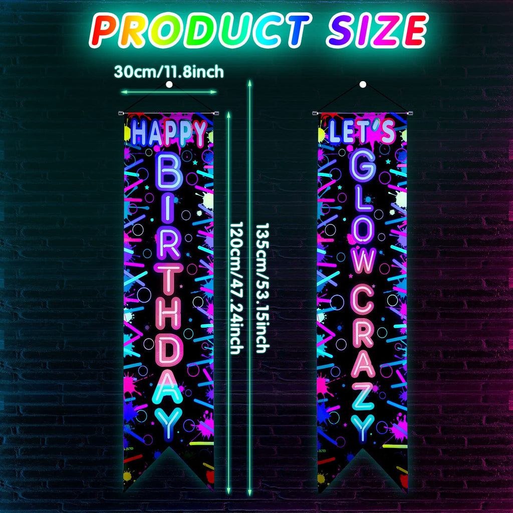 Tegeme Glow in the Dark Neon Birthday Banner Set — 2 Pcs Neon Porch Sign for Black Light Parties