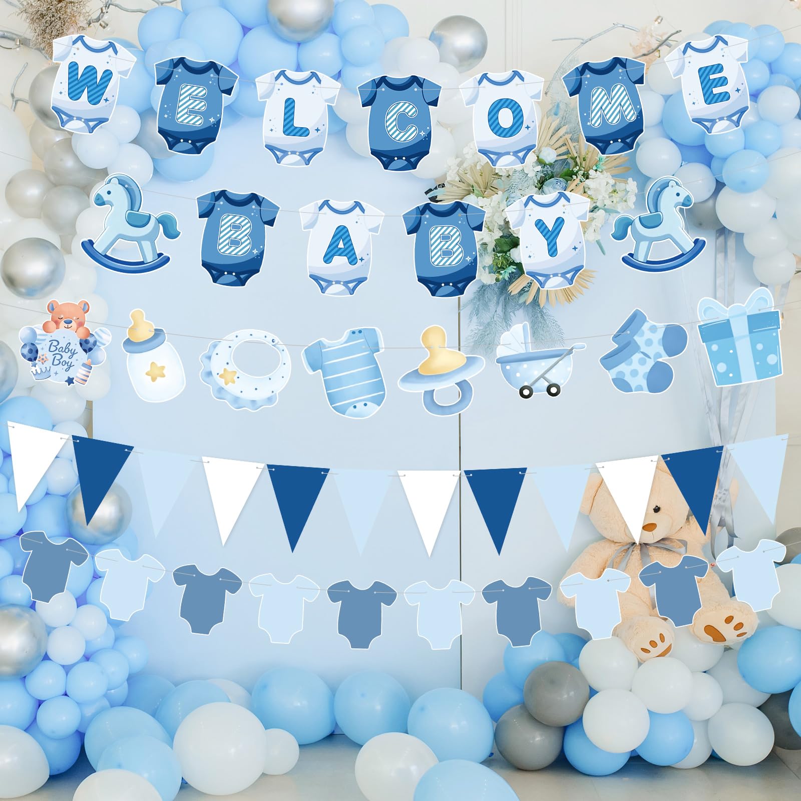 Tegeme Blue Gingham Welcome Baby Shower Banner 5-Piece Set for Boy – Classic Paper Decor