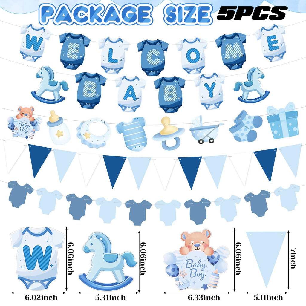 Tegeme Blue Gingham Welcome Baby Shower Banner 5-Piece Set for Boy – Classic Paper Decor