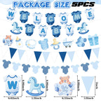 Tegeme Blue Gingham Welcome Baby Shower Banner 5-Piece Set for Boy – Classic Paper Decor