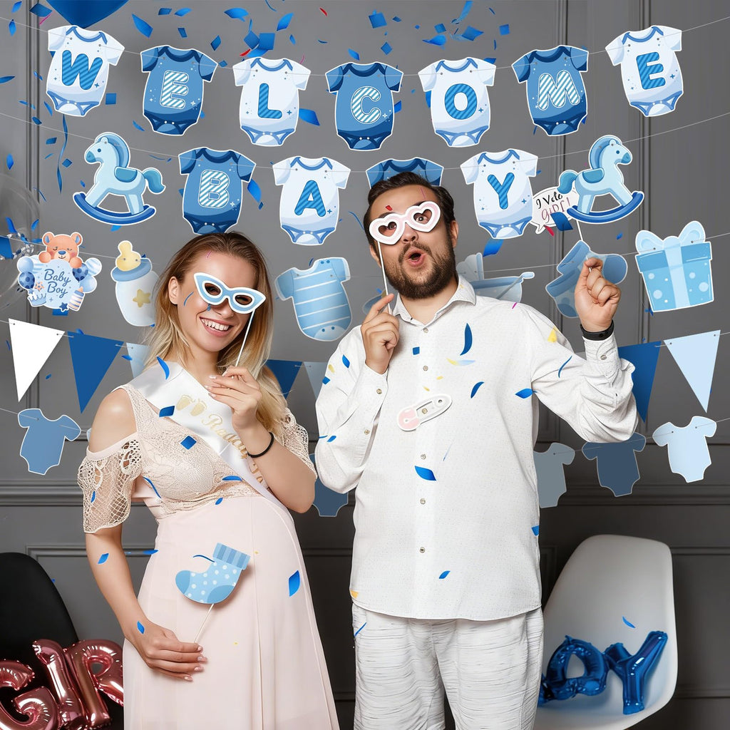 Tegeme Blue Gingham Welcome Baby Shower Banner 5-Piece Set for Boy – Classic Paper Decor