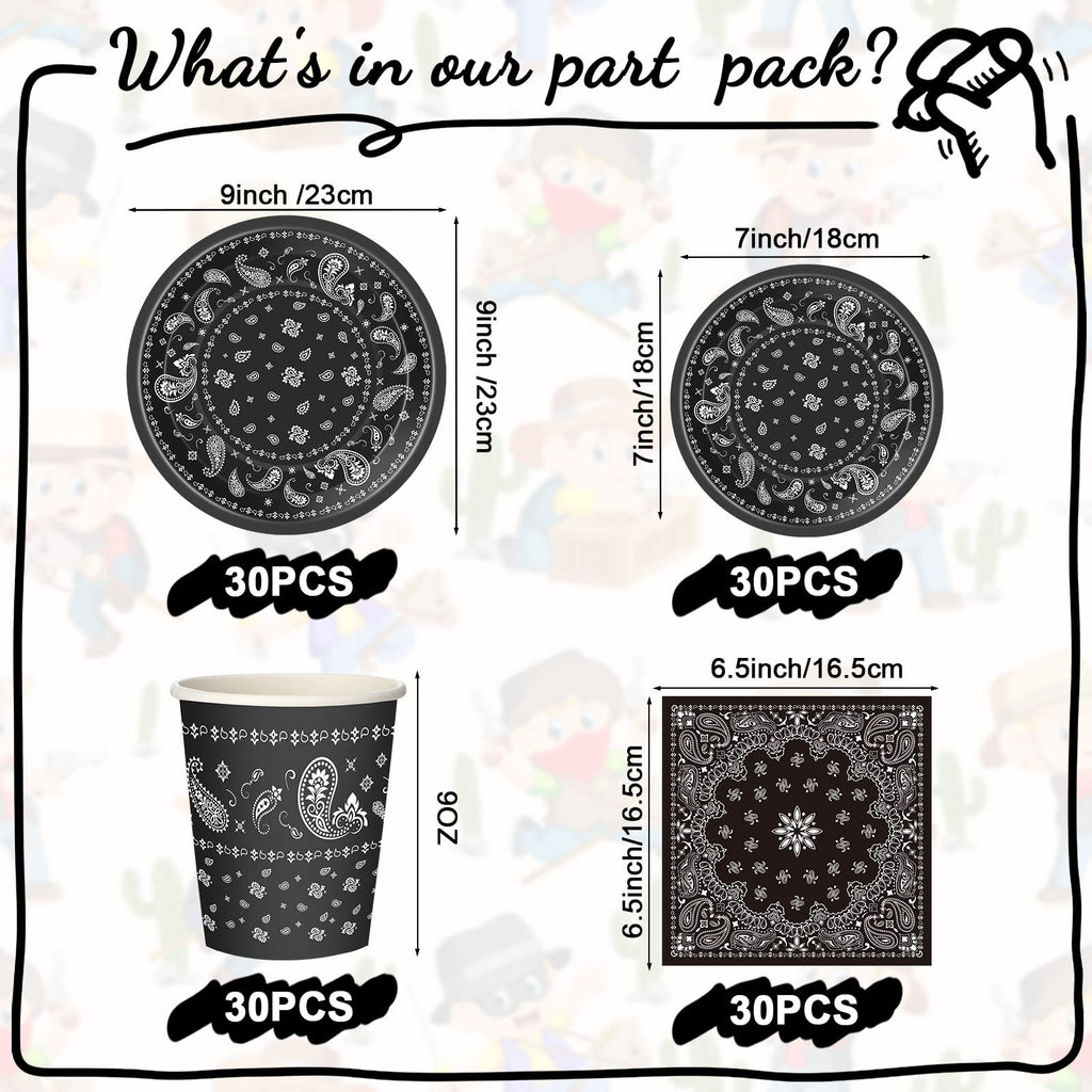 Tegeme 123 Pcs Western Cowboy Party Decoration Set – Black Tablecloth, Bandana Banners, Plates, Cups & Napkins