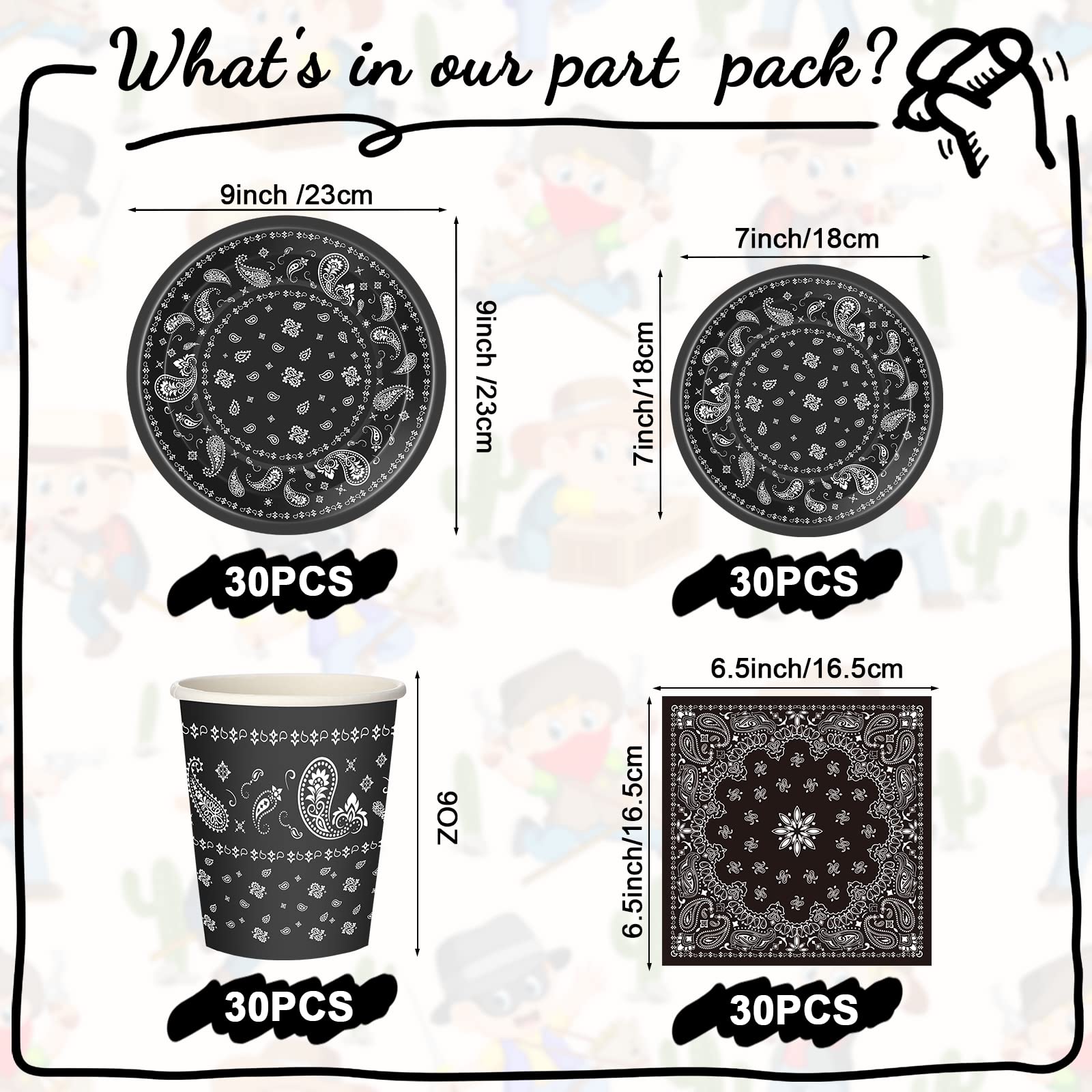 Tegeme 123 Pcs Western Cowboy Party Decoration Set – Black Tablecloth, Bandana Banners, Plates, Cups & Napkins