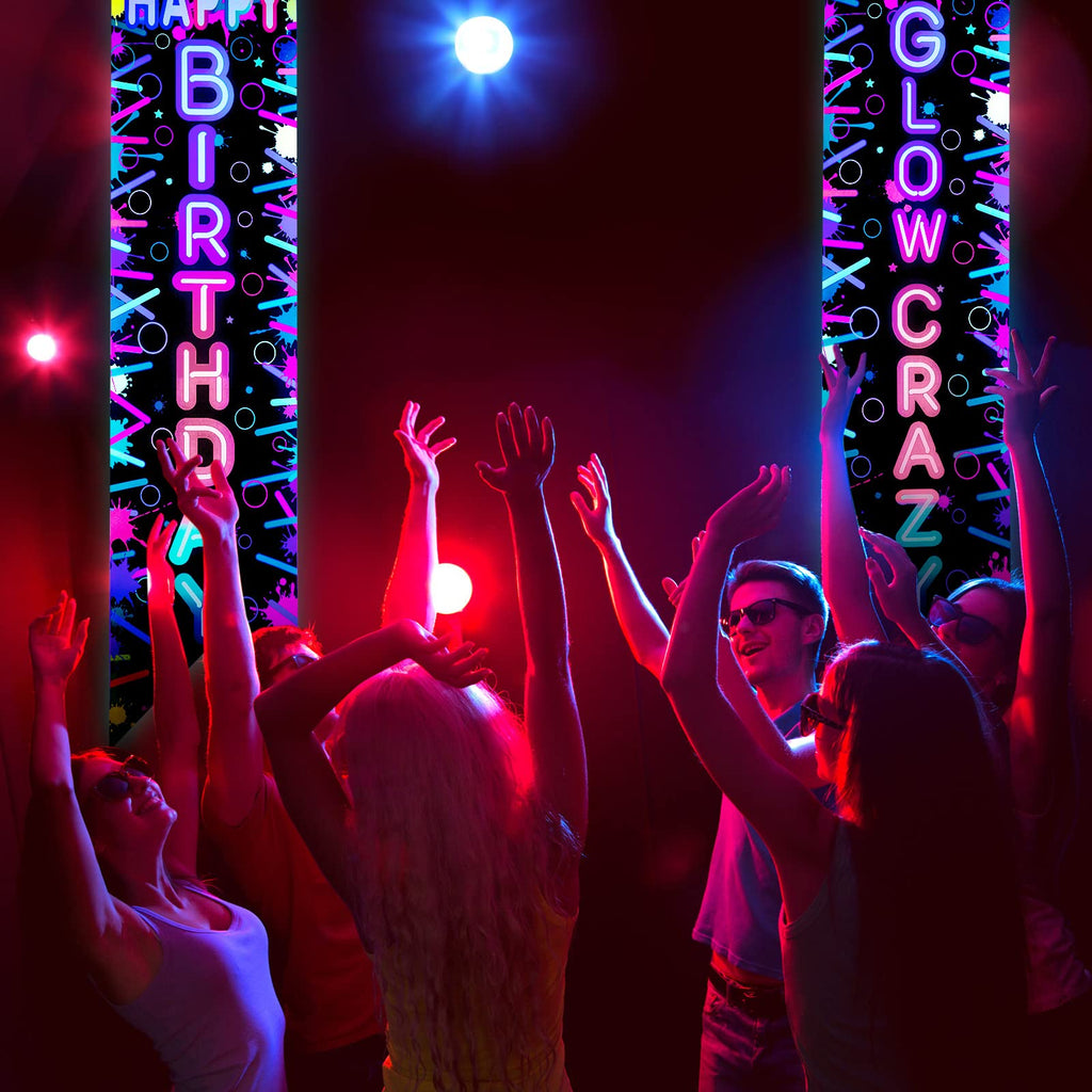Tegeme Glow in the Dark Neon Birthday Banner Set — 2 Pcs Neon Porch Sign for Black Light Parties