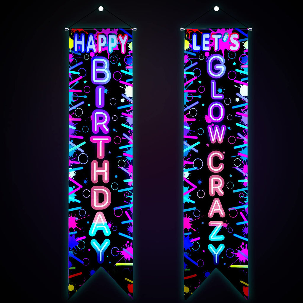 Tegeme Glow in the Dark Neon Birthday Banner Set — 2 Pcs Neon Porch Sign for Black Light Parties