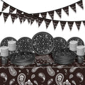 Tegeme 123 Pcs Western Cowboy Party Decoration Set – Black Tablecloth, Bandana Banners, Plates, Cups & Napkins