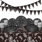 Tegeme 123 Pcs Western Cowboy Party Decoration Set – Black Tablecloth, Bandana Banners, Plates, Cups & Napkins