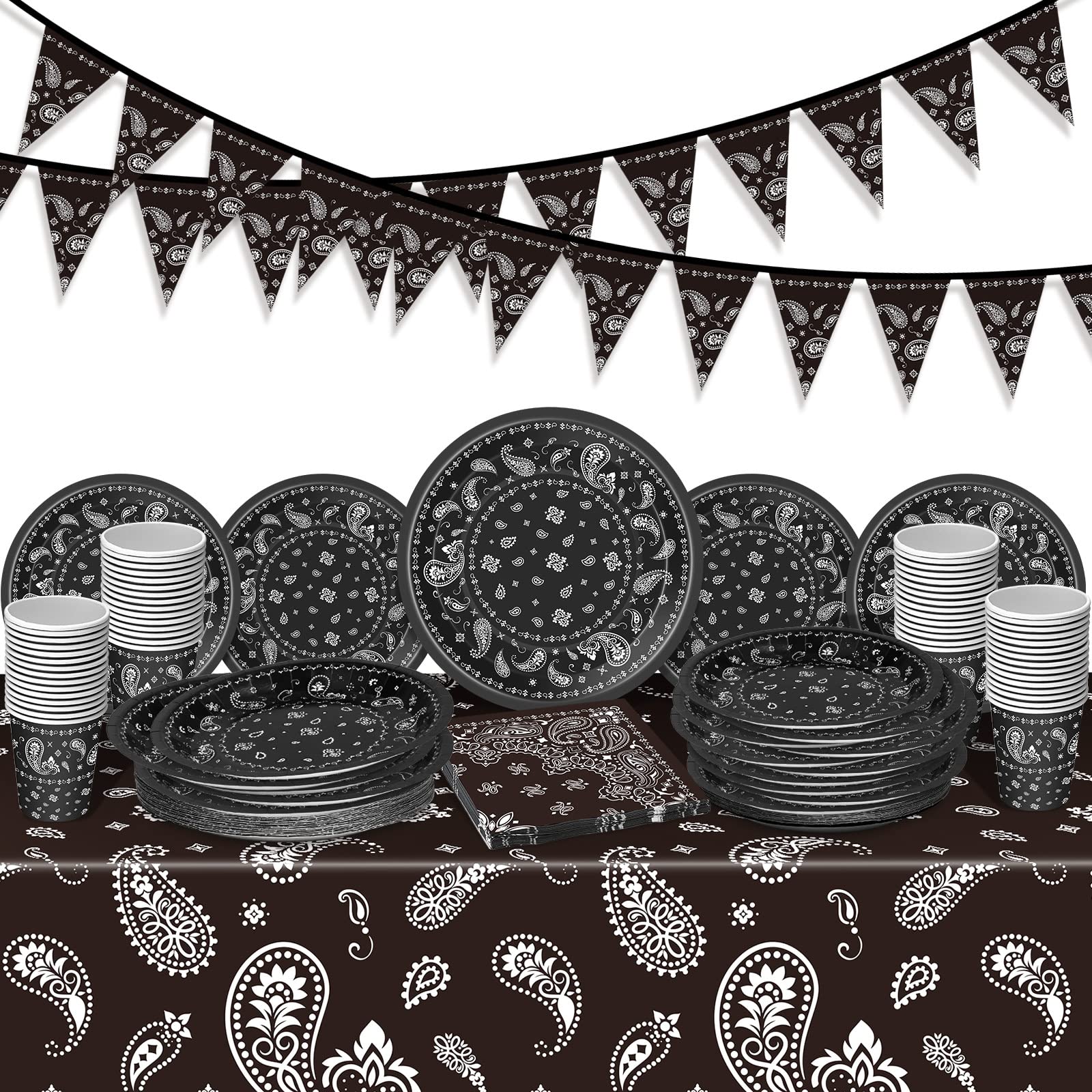 Tegeme 123 Pcs Western Cowboy Party Decoration Set – Black Tablecloth, Bandana Banners, Plates, Cups & Napkins