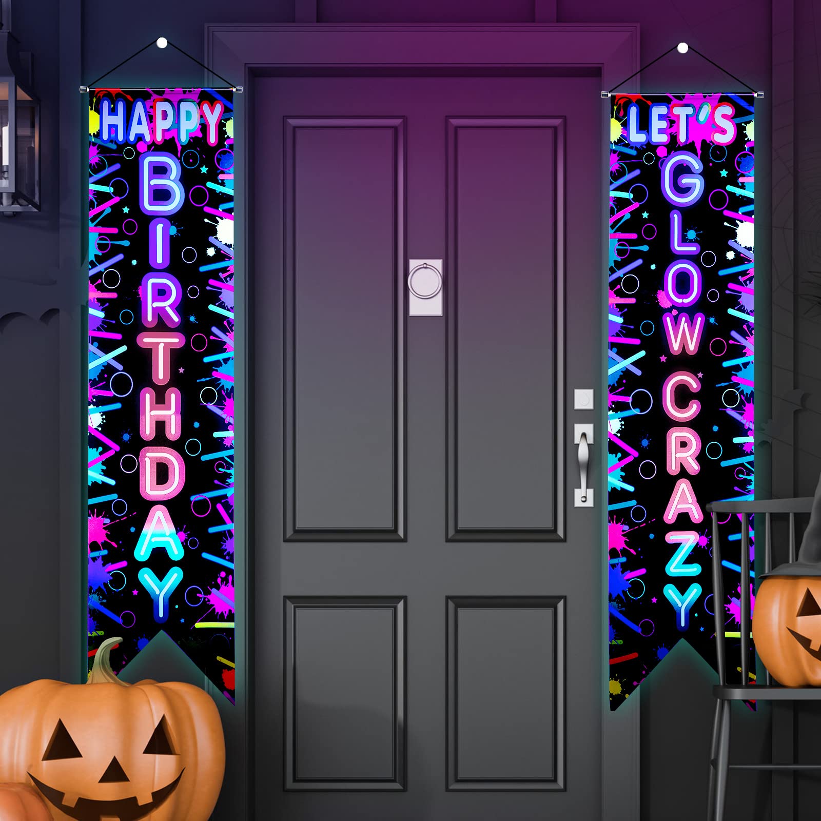 Tegeme Glow in the Dark Neon Birthday Banner Set — 2 Pcs Neon Porch Sign for Black Light Parties