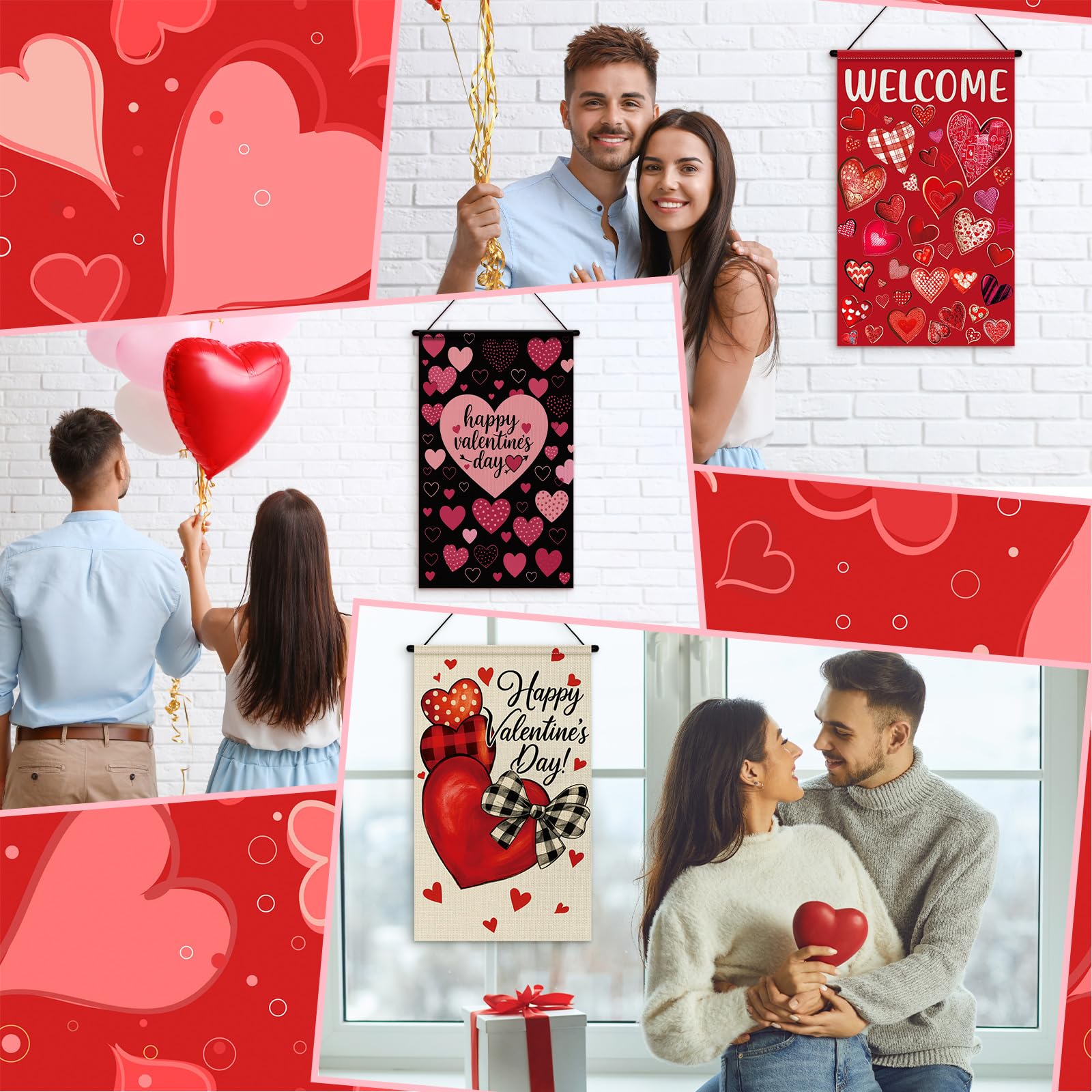 Tegeme 3-Pack Valentines Door Banner Decorations – Red & Pink Heart Flags
