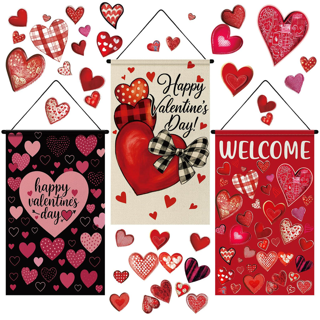 Tegeme 3-Pack Valentines Door Banner Decorations – Red & Pink Heart Flags