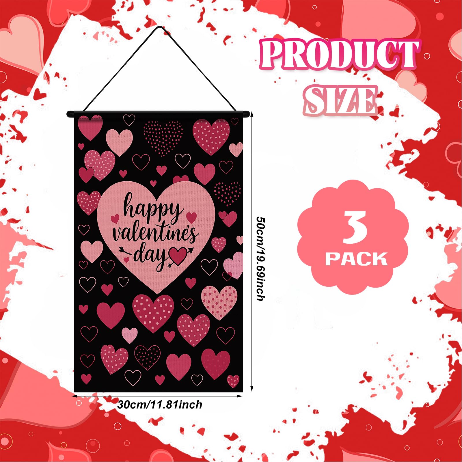 Tegeme 3-Pack Valentines Door Banner Decorations – Red & Pink Heart Flags