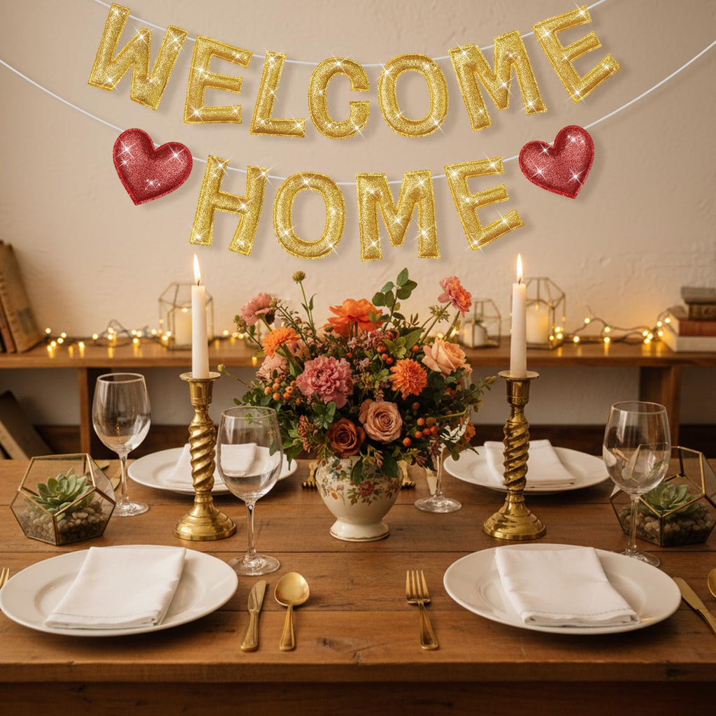 Tegeme Felt Welcome Home Banner – Pre-Strung Rainbow Glitter Garland (2 Pack)