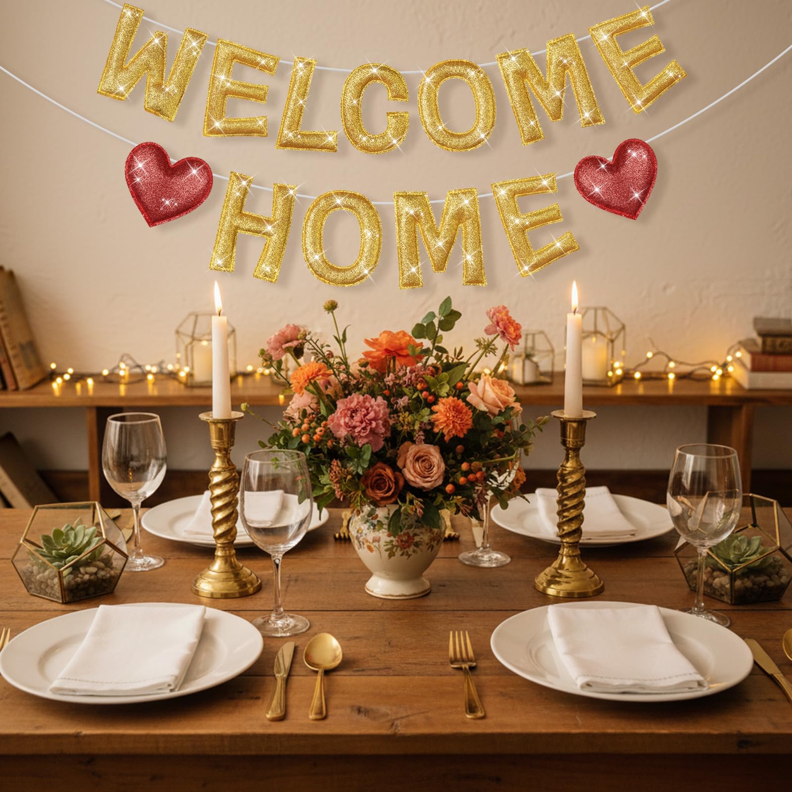 Tegeme Felt Welcome Home Banner – Pre-Strung Rainbow Glitter Garland (2 Pack)