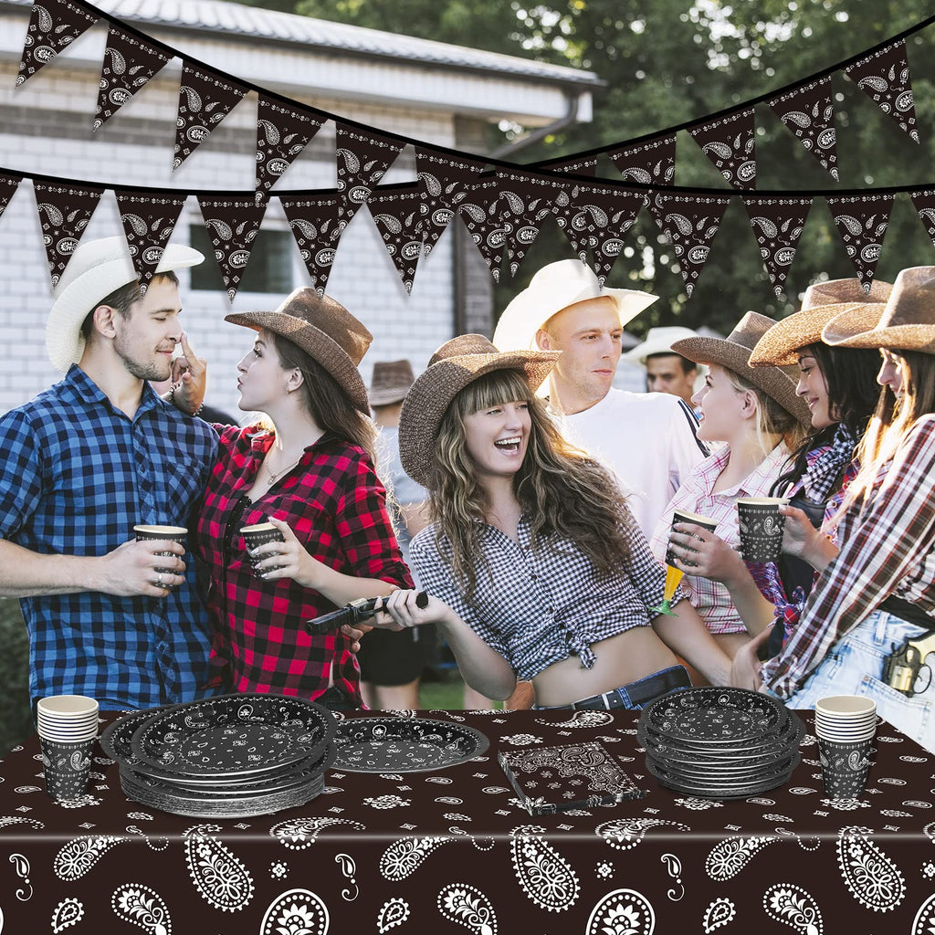 Tegeme 123 Pcs Western Cowboy Party Decoration Set – Black Tablecloth, Bandana Banners, Plates, Cups & Napkins