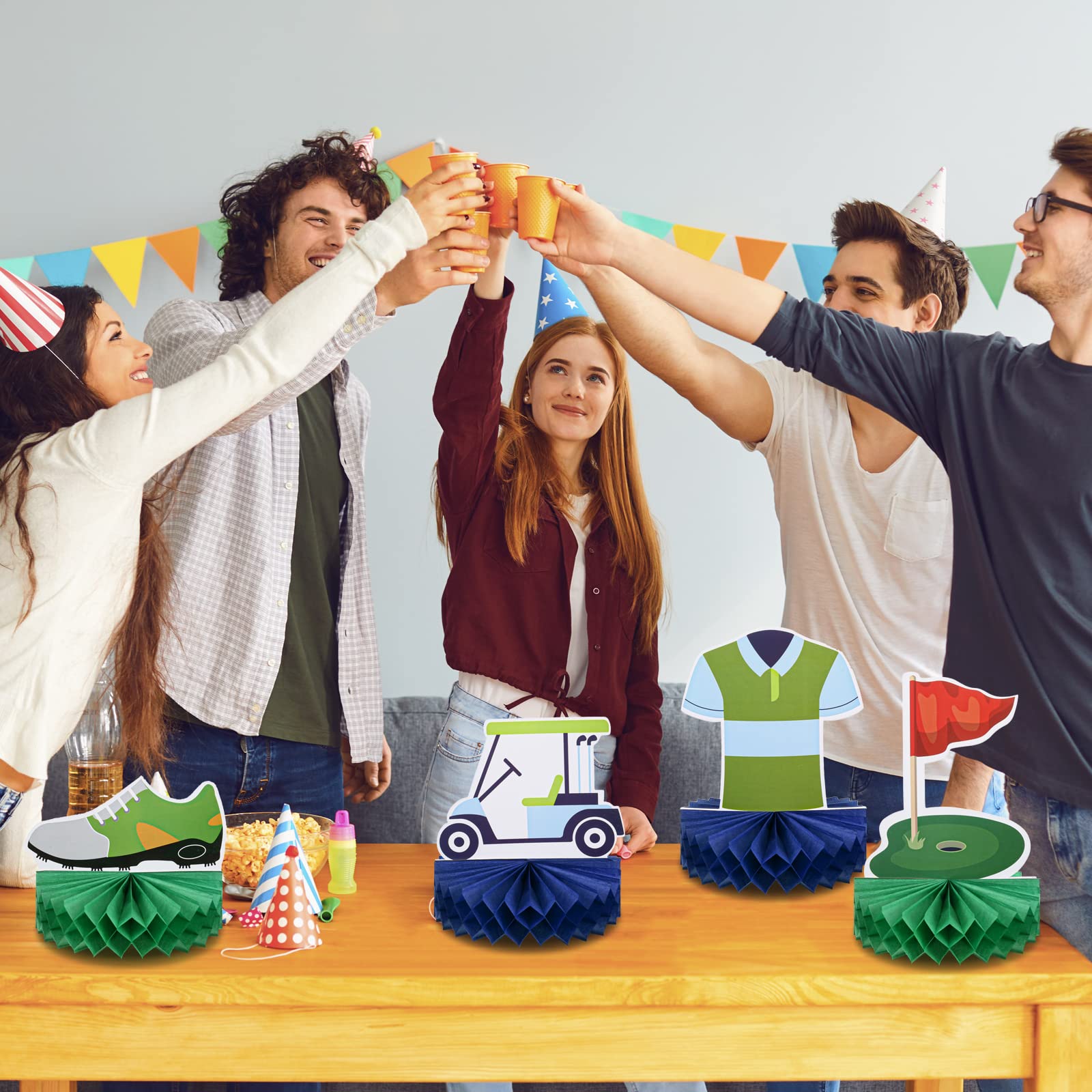 Teling 12 Pieces Golf Birthday Decorations – Honeycomb Centerpieces & Table Stand Cards (Classic)
