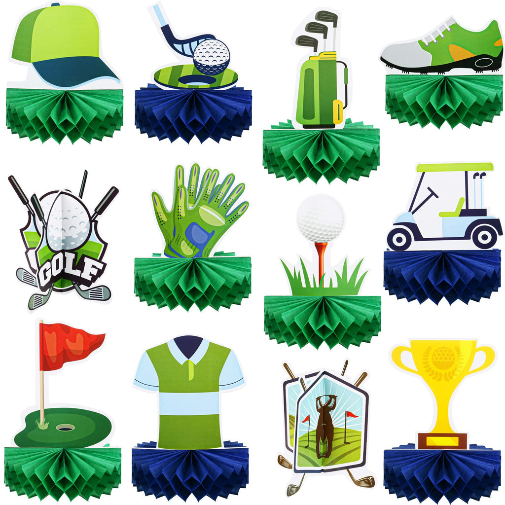 Teling 12 Pieces Golf Birthday Decorations – Honeycomb Centerpieces & Table Stand Cards (Classic)