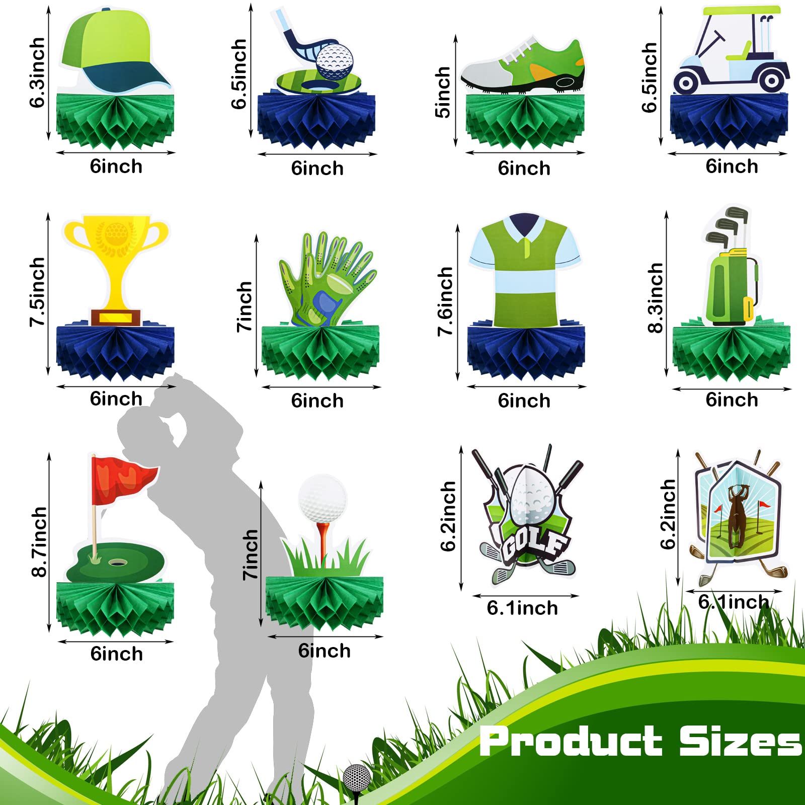Teling 12 Pieces Golf Birthday Decorations – Honeycomb Centerpieces & Table Stand Cards (Classic)